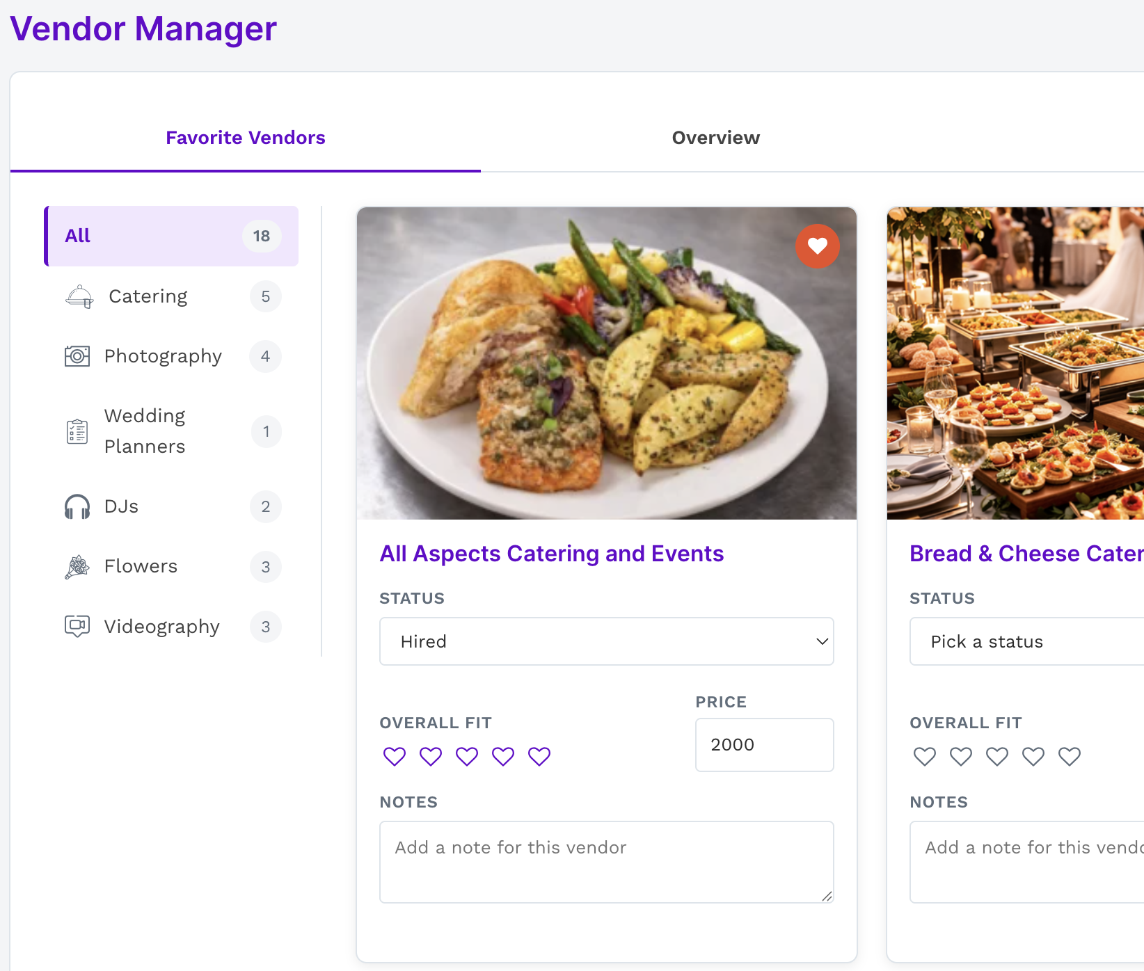 Vendor organizer interface preview