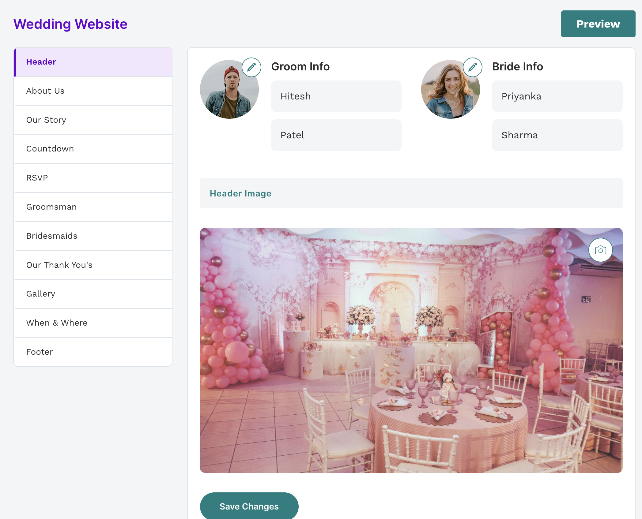 Wedding website interface preview